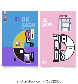Vector covers design set with retro style. Cool geometric memphis style poster template with alphabets typography. Summer and autumn design template.