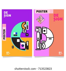 Vector covers design set with retro style. Cool geometric memphis style poster template with alphabets typography. Summer and autumn design template.