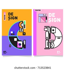 Vector covers design set with retro style. Cool geometric memphis style poster template with alphabets typography. Summer and autumn design template.
