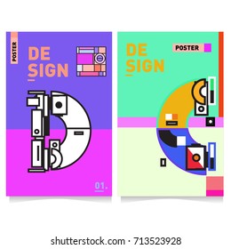 Vector covers design set with retro style. Cool geometric memphis style poster template with alphabets typography. Summer and autumn design template.