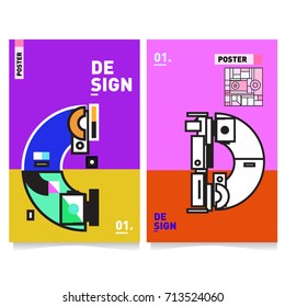 Vector covers design set with retro style. Cool geometric memphis style poster template with alphabets typography. Summer and autumn design template.