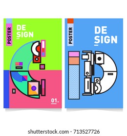 Vector covers design set with retro style. Cool geometric memphis style poster template with alphabets typography. Summer and autumn design template.