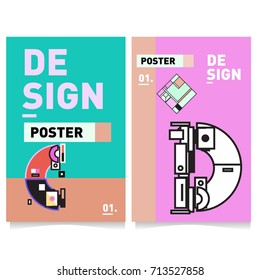 Vector covers design set with retro style. Cool geometric memphis style poster template with alphabets typography. Summer and autumn design template.