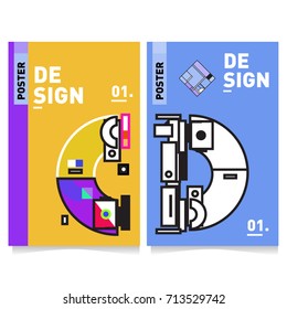 Vector covers design set with retro style. Cool geometric memphis style poster template with alphabets typography. Summer and autumn design template.