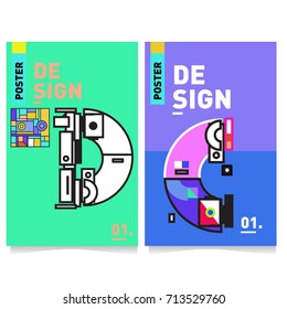Vector covers design set with retro style. Cool geometric memphis style poster template with alphabets typography. Summer and autumn design template.