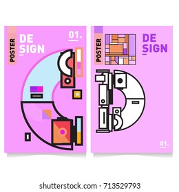 Vector covers design set with retro style. Cool geometric memphis style poster template with alphabets typography. Summer and autumn design template.