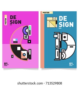 Vector covers design set with retro style. Cool geometric memphis style poster template with alphabets typography. Summer and autumn design template.