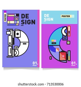 Vector covers design set with retro style. Cool geometric memphis style poster template with alphabets typography. Summer and autumn design template.
