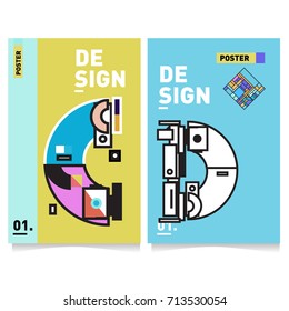 Vector covers design set with retro style. Cool geometric memphis style poster template with alphabets typography. Summer and autumn design template.