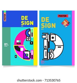 Vector covers design set with retro style. Cool geometric memphis style poster template with alphabets typography. Summer and autumn design template.