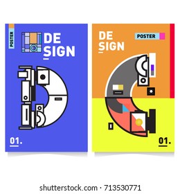 Vector covers design set with retro style. Cool geometric memphis style poster template with alphabets typography. Summer and autumn design template.
