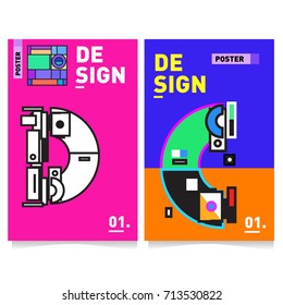 Vector covers design set with retro style. Cool geometric memphis style poster template with alphabets typography. Summer and autumn design template.