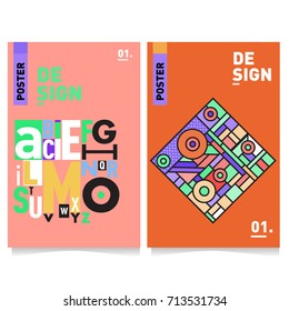 Vector covers design set with retro style. Cool geometric memphis style poster template with alphabets typography. Summer and autumn design template.