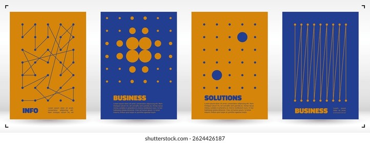 Vector covers featuring dot patterns, networks, and charts. Suitable for business, technology, research, and innovation themes. Clean, modern layout.