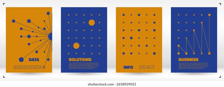 Vector covers featuring dot patterns, networks, and charts. Suitable for business, technology, research, and innovation themes. Clean, modern layout.
