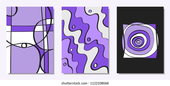 Vector Covers Set in Hand Drawn Style. Abstract Backgrounds with Handwritten Wavy Lines and Shapes, Spirals, Dots. Creative Hipster Illustration. Scribble. Vector Abstractions for Screen Wallpapers.