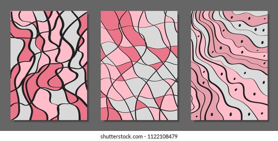 Vector Covers Set in Hand Drawn Style. Abstract Backgrounds with Handwritten Wavy Lines and Shapes, Spirals, Dots. Creative Hipster Illustration. Scribble. Vector Abstractions for Screen Wallpapers.