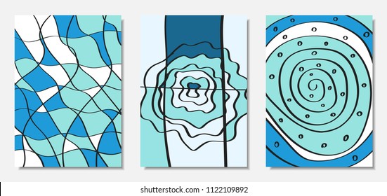 Vector Covers Set in Hand Drawn Style. Blue Abstract Backgrounds with Handwritten Wavy Lines and Shapes, Spirals, Dots. Creative Hipster Illustration. Scribble. Vector Abstractions for Wallpapers.