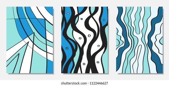 Vector Covers Set in Hand Drawn Style. Blue Abstract Backgrounds with Handwritten Wavy Lines and Shapes, Spirals, Dots. Creative Hipster Illustration. Scribble. Vector Abstractions for Wallpapers.