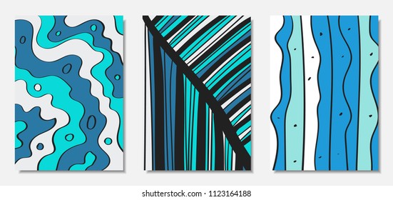 Vector Covers Set in Hand Drawn Style. Blue Abstract Backgrounds with Handwritten Wavy Lines and Shapes, Spirals, Dots. Creative Hipster Illustration. Scribble. Vector Abstractions for Wallpapers.