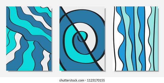 Vector Covers Set in Hand Drawn Style. Blue Abstract Backgrounds with Handwritten Wavy Lines and Shapes, Spirals, Dots. Creative Hipster Illustration. Scribble. Vector Abstractions for Wallpapers.