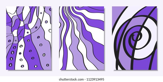 Vector Covers Set in Hand Drawn Style. Abstract Backgrounds with Handwritten Wavy Lines and Shapes, Spirals, Dots. Creative Hipster Illustration. Scribble. Vector Abstractions for Screen Wallpapers.