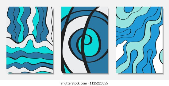 Vector Covers Set in Hand Drawn Style. Blue Abstract Backgrounds with Handwritten Wavy Lines and Shapes, Spirals, Dots. Creative Hipster Illustration. Scribble. Vector Abstractions for Wallpapers.