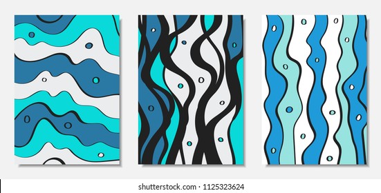 Vector Covers Set in Hand Drawn Style. Blue Abstract Backgrounds with Handwritten Wavy Lines and Shapes, Spirals, Dots. Creative Hipster Illustration. Scribble. Vector Abstractions for Wallpapers.