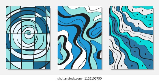 Vector Covers Set in Hand Drawn Style. Blue Abstract Backgrounds with Handwritten Wavy Lines and Shapes, Spirals, Dots. Creative Hipster Illustration. Scribble. Vector Abstractions for Wallpapers.