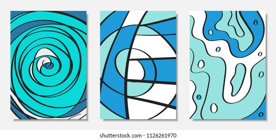 Vector Covers Set in Hand Drawn Style. Blue Abstract Backgrounds with Handwritten Wavy Lines and Shapes, Spirals, Dots. Creative Hipster Illustration. Scribble. Vector Abstractions for Wallpapers.