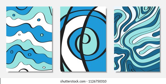 Vector Covers Set in Hand Drawn Style. Blue Abstract Backgrounds with Handwritten Wavy Lines and Shapes, Spirals, Dots. Creative Hipster Illustration. Scribble. Vector Abstractions for Wallpapers.