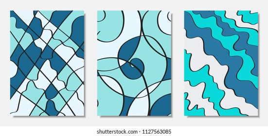 Vector Covers Set in Hand Drawn Style. Blue Abstract Backgrounds with Handwritten Wavy Lines and Shapes, Spirals, Dots. Creative Hipster Illustration. Scribble. Vector Abstractions for Wallpapers.