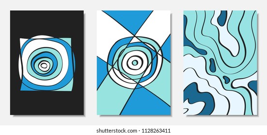 Vector Covers Set in Hand Drawn Style. Blue Abstract Backgrounds with Handwritten Wavy Lines and Shapes, Spirals, Dots. Creative Hipster Illustration. Scribble. Vector Abstractions for Wallpapers.