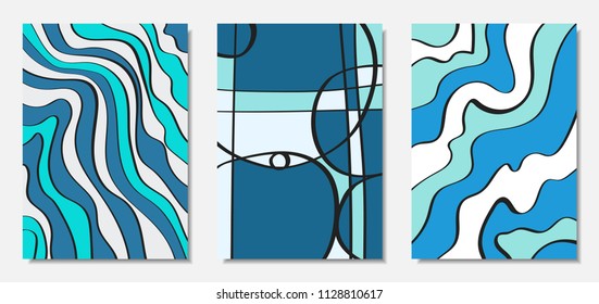 Vector Covers Set in Hand Drawn Style. Blue Abstract Backgrounds with Handwritten Wavy Lines and Shapes, Spirals, Dots. Creative Hipster Illustration. Scribble. Vector Abstractions for Wallpapers.