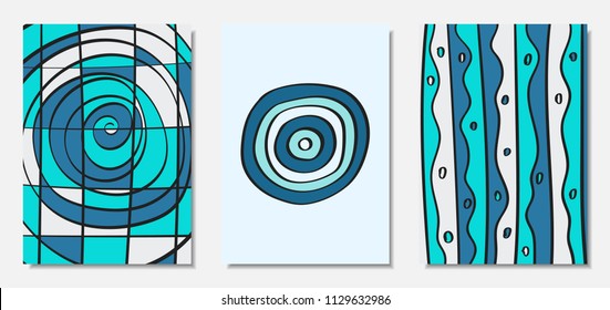 Vector Covers Set in Hand Drawn Style. Blue Abstract Backgrounds with Handwritten Wavy Lines and Shapes, Spirals, Dots. Creative Hipster Illustration. Scribble. Vector Abstractions for Wallpapers.