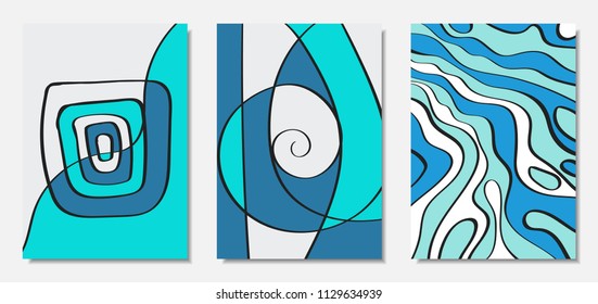 Vector Covers Set in Hand Drawn Style. Blue Abstract Backgrounds with Handwritten Wavy Lines and Shapes, Spirals, Dots. Creative Hipster Illustration. Scribble. Vector Abstractions for Wallpapers.
