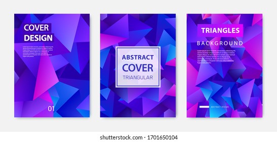 Vector covers templates set with graphic geometric elements, facet abstract posters, brochures, banners. Purple 