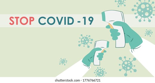 Vector - covid 19 coronavirus, hands holding infrared thermometers to measure body temperature