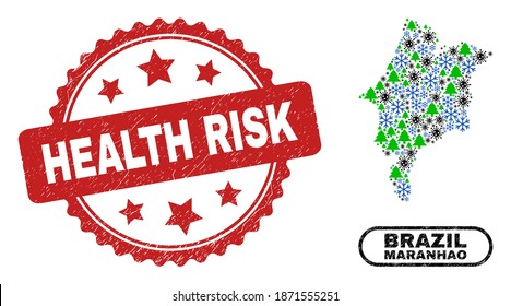 Vector Covid Christmas collage Maranhao State map and Health Risk unclean stamp print. Health Risk watermark uses rosette shape and red color.