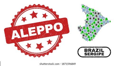 Vector Covid Christmas collage Sergipe State map and Aleppo corroded stamp seal. Aleppo seal uses rosette shape and red color. Mosaic Sergipe State map is organized from random coronavirus,