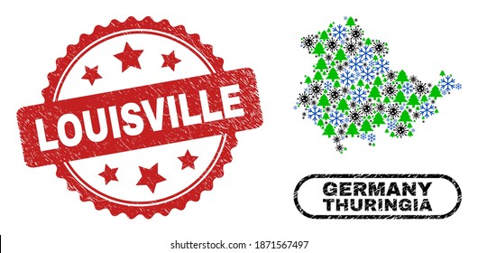 Vector Covid Christmas collage Thuringia Land map and Louisville corroded stamp seal. Louisville stamp seal uses rosette shape and red color.
