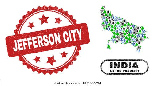 Vector Covid Christmas collage Uttar Pradesh State map and Jefferson City textured stamp seal. Jefferson City stamp seal uses rosette shape and red color.