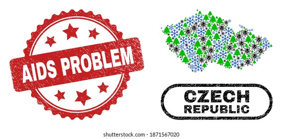 Vector Covid Christmas composition Czech Republic map and AIDS Problem scratched stamp imitation. AIDS Problem stamp seal uses rosette shape and red color.