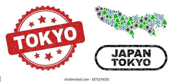 Vector Covid Christmas composition Tokyo Prefecture map and Tokyo scratched stamp seal. Tokyo stamp seal uses rosette shape and red color. Collage Tokyo Prefecture map is made with scattered virus,
