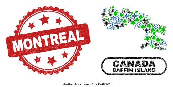 Vector Covid Christmas mosaic Baffin Island map and Montreal scratched stamp. Montreal stamp seal uses rosette shape and red color. Mosaic Baffin Island map is organized of scattered Covid, snow,