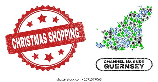 Vector Covid Christmas mosaic Guernsey Island map and Christmas Shopping textured stamp seal. Christmas Shopping stamp seal uses rosette shape and red color.