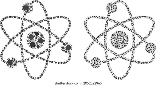 Vector covid collage atom electrons done for vaccination applications. Mosaic atom electrons is based on icon and it is created of biological hazard covid pathogen parts.
