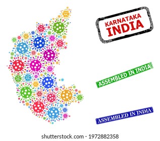 Vector Covid collage Karnataka State map, and grunge Assembled in India seal stamps. Vector multi-colored Karnataka State map mosaic, and Assembled in India grunge framed rectangle stamps.