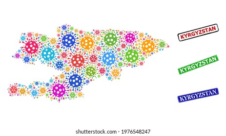 Vector Covid collage Kyrgyzstan map, and grunge Kyrgyzstan badges. Vector colored Kyrgyzstan map collage, and Kyrgyzstan dirty framed rectangle seals.