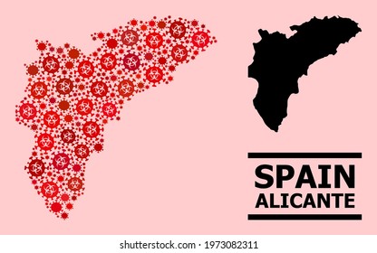 Vector covid collage map of Alicante Province combined for pharmacy advertisement. Red mosaic map of Alicante Province is shaped of biohazard covid-2019 viral parts.